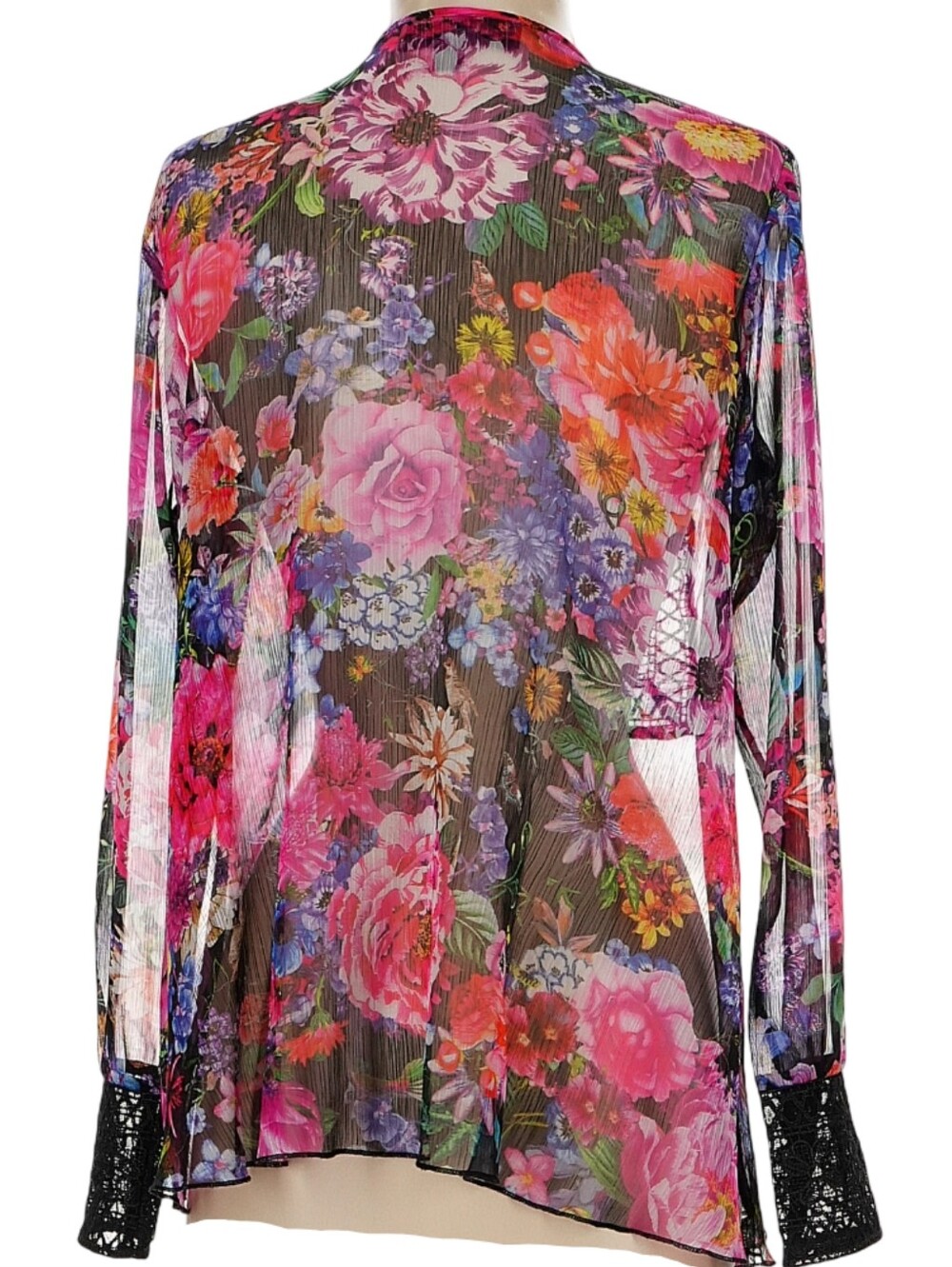 TADASHI SHOJI Gaberira Sheer Floral Tie Neck Blouse W/ Lace Panel & Cuffs Sz 4 - Picture 3 of 11